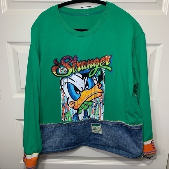 Kuhan KU Dsgn Jersey Sweater Sz L Green Stranger Mean Duck Money Graphic Denim - Picture 10 of 10